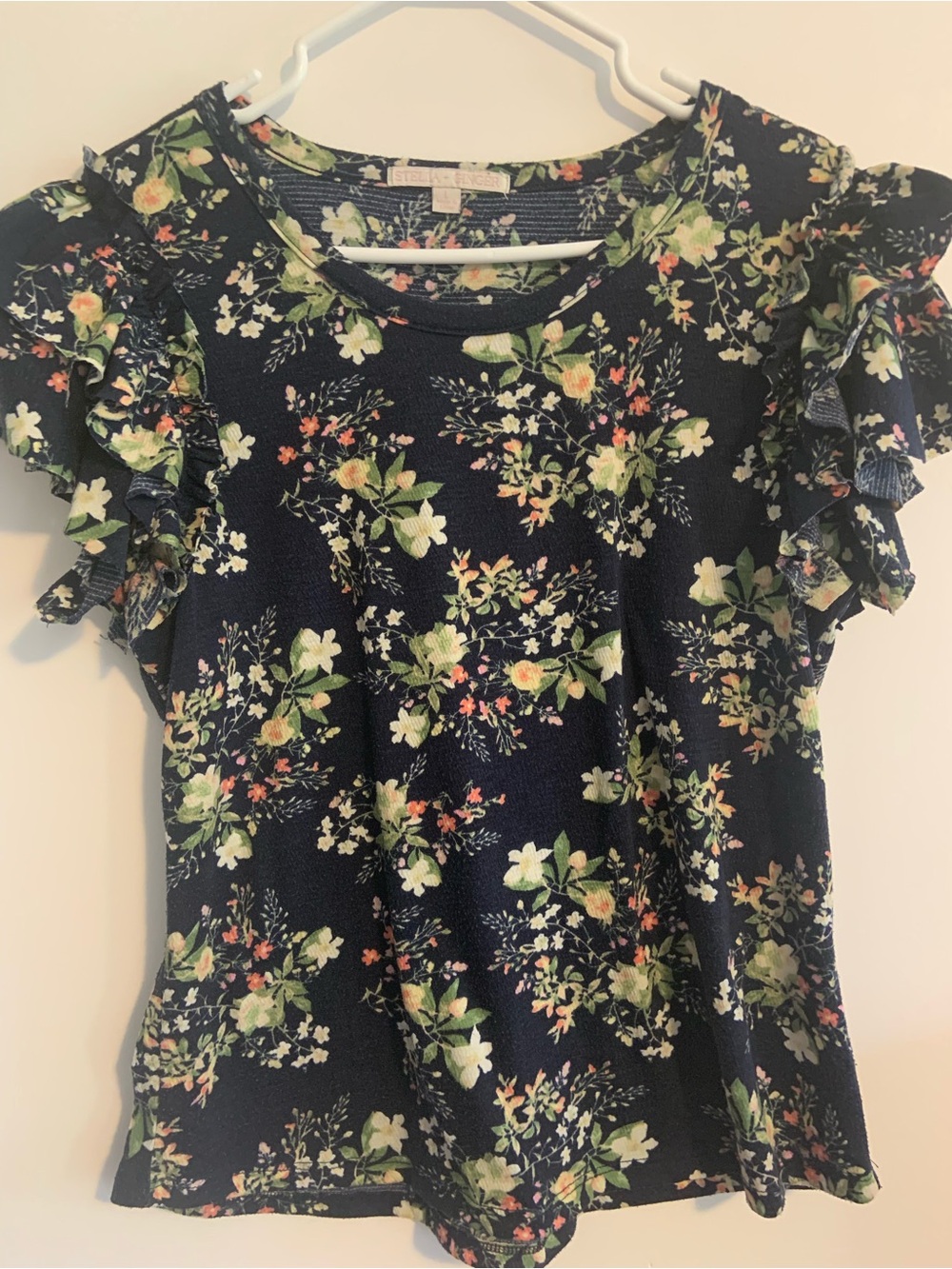 Floral Ruffle Sleeve Women’s Top - Navy with Green Floral